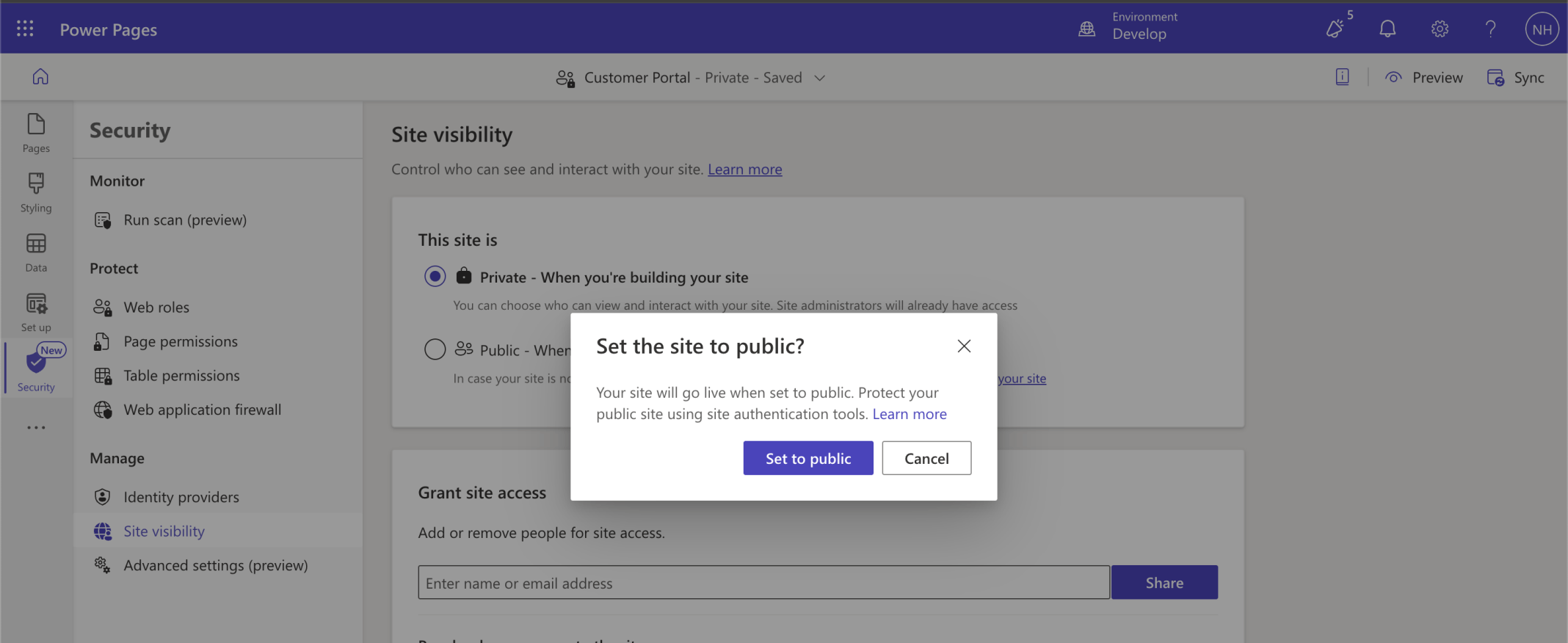I set the site visibility to Public