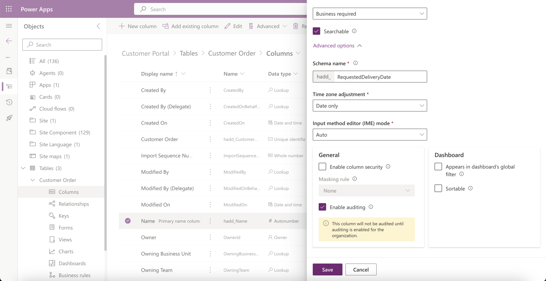 I set the Time zone adjustment property of the Requested Delivery Date column