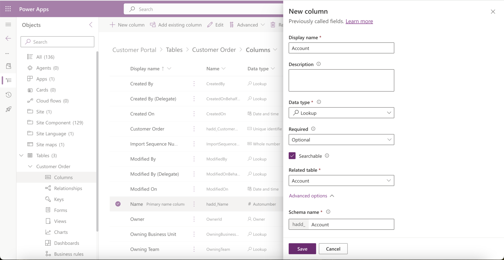 I added an Account (Customer) column