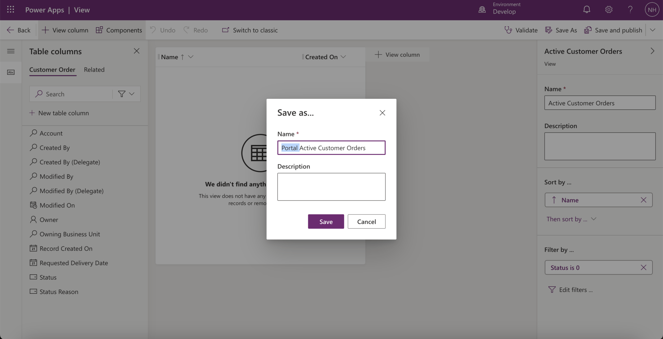 I created a Portal Active Customer Orders view