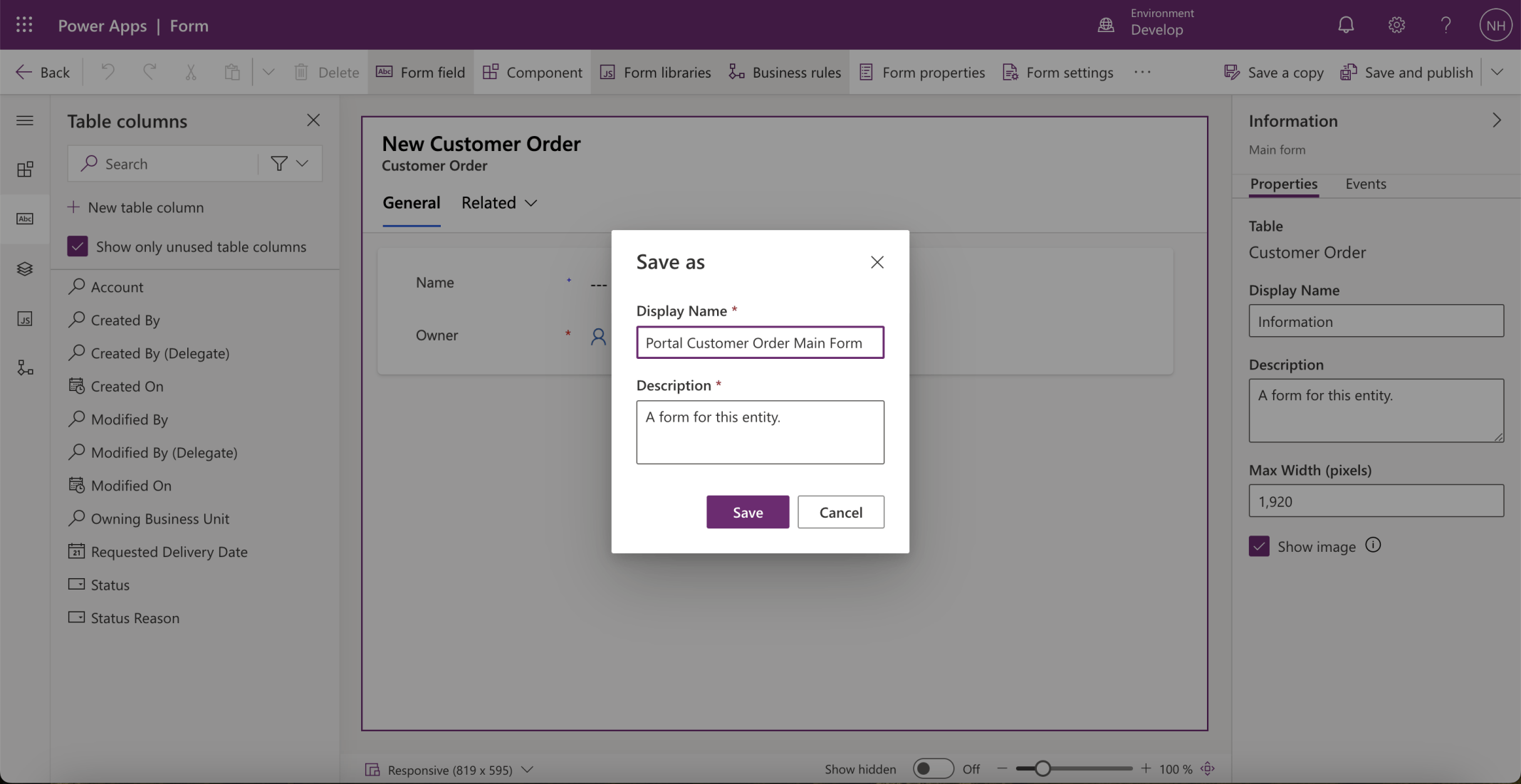 I created a Portal Customer Order Main Form form