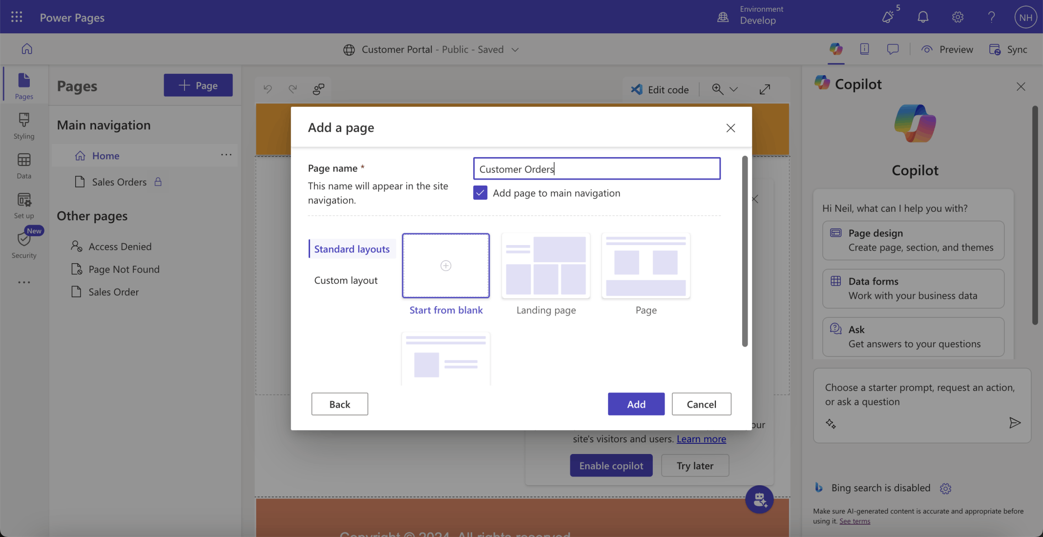 I created a Customer Orders page