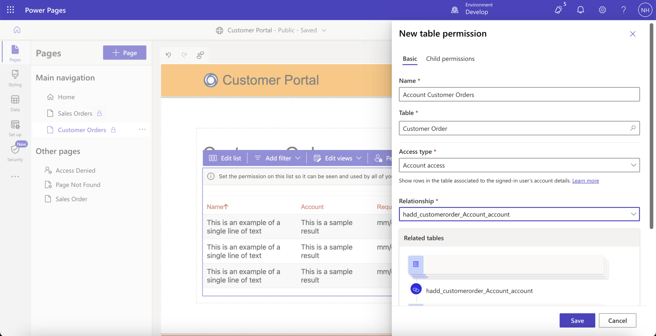 I create a table permission allowing customers to view their Customer Orders