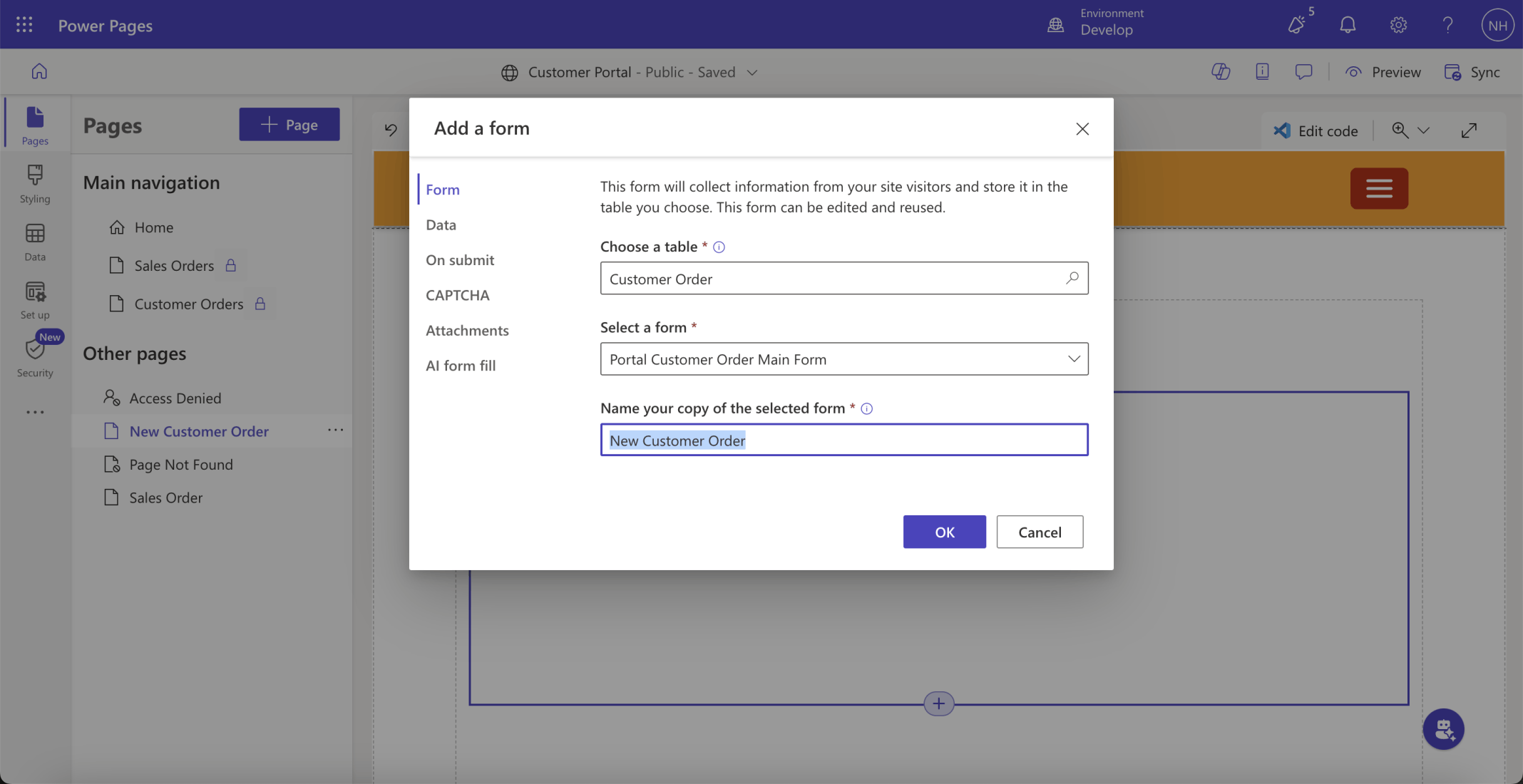 I created a New Customer Order (Power Pages/Basic) form
