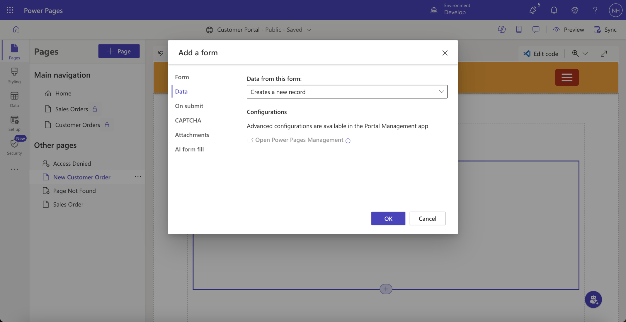 The contents entered into the New Customer Order form will be used to create a new order