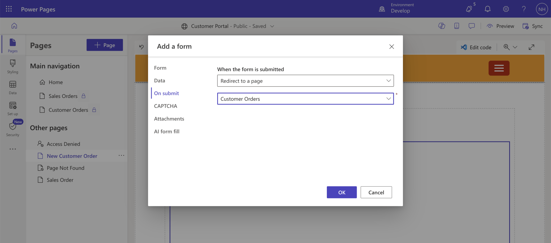 On Submit the user will be redirected to the Customer Orders form