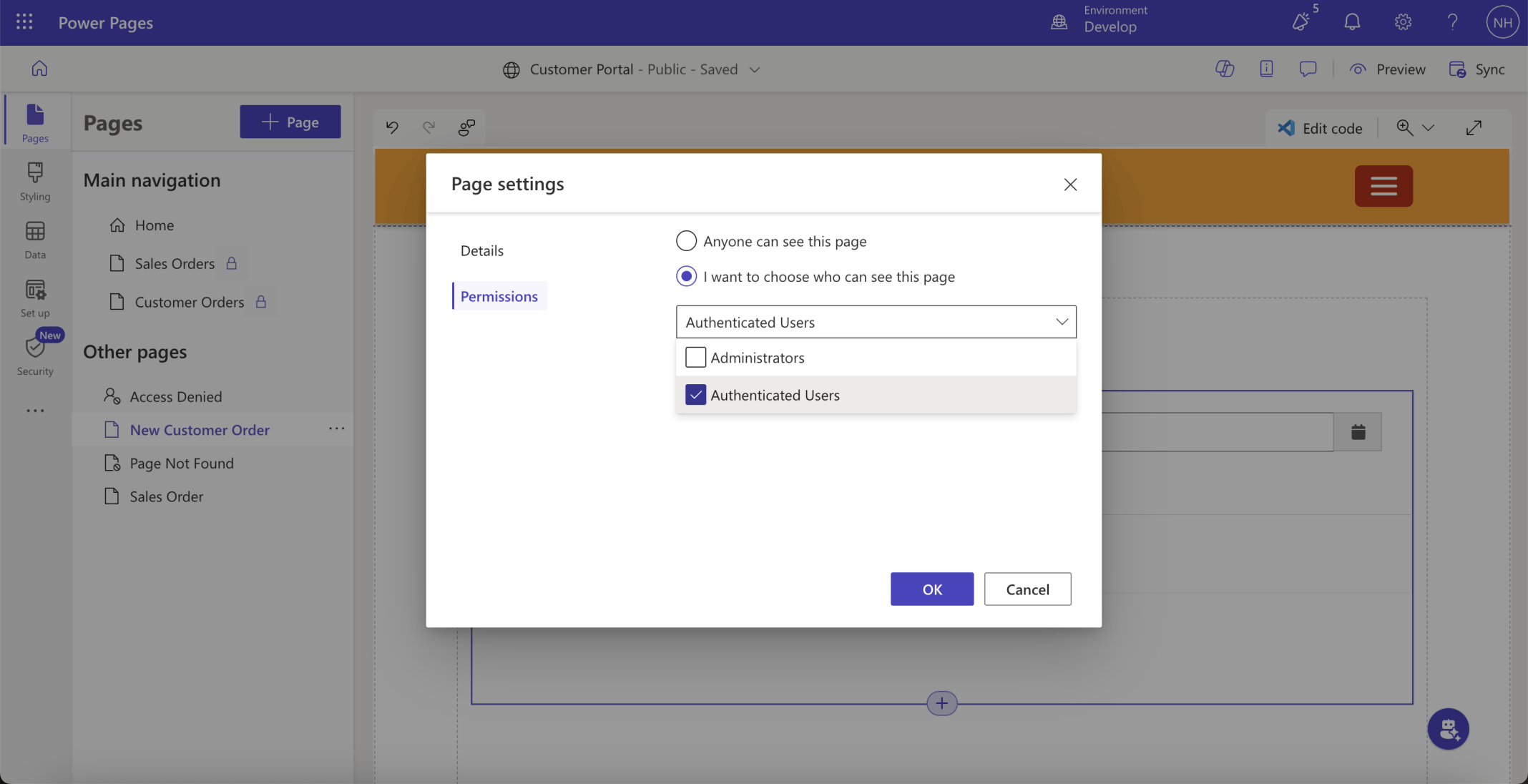 I set the New Customer Order page's permissions