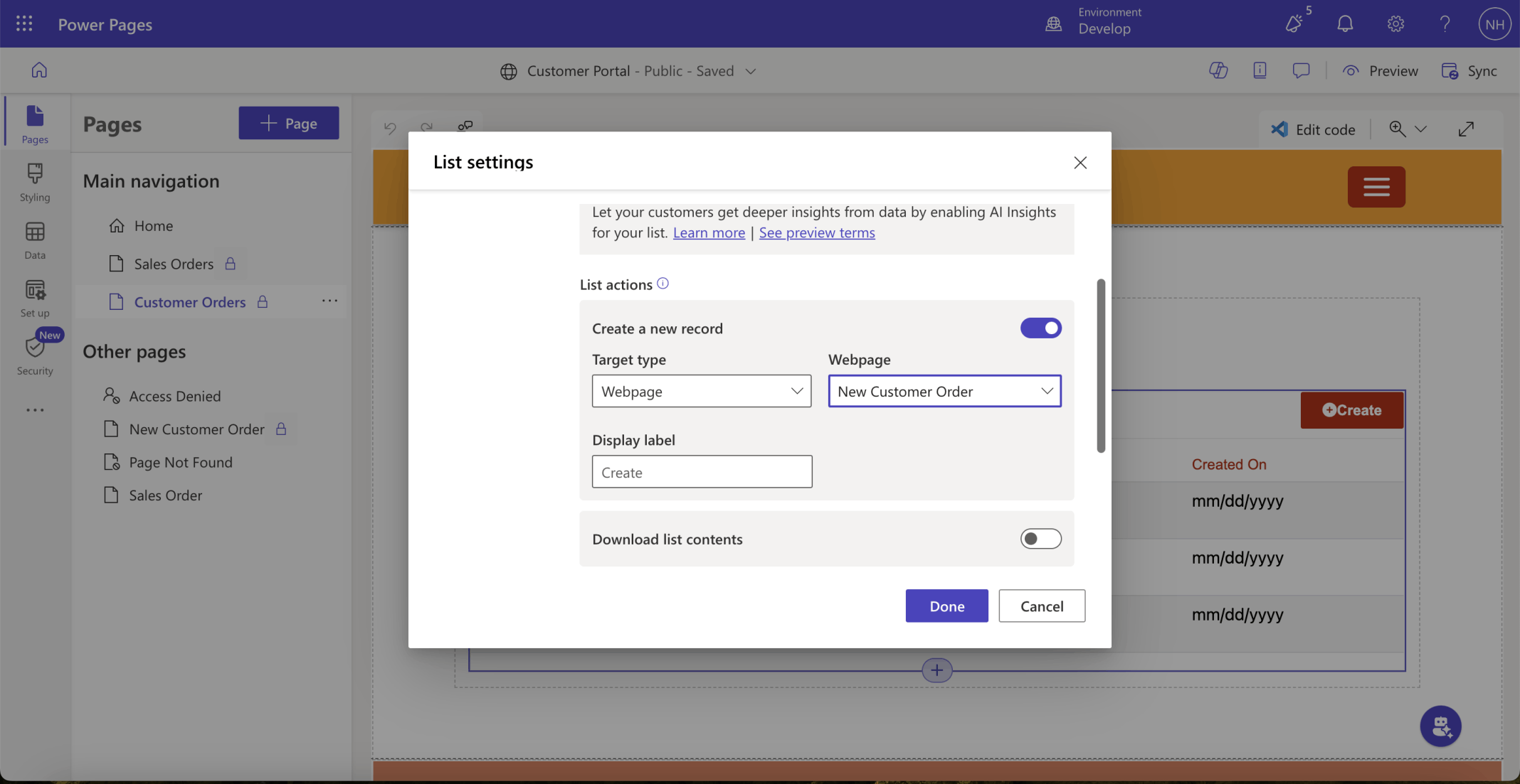 I updated the Customer Orders Create a new record list action