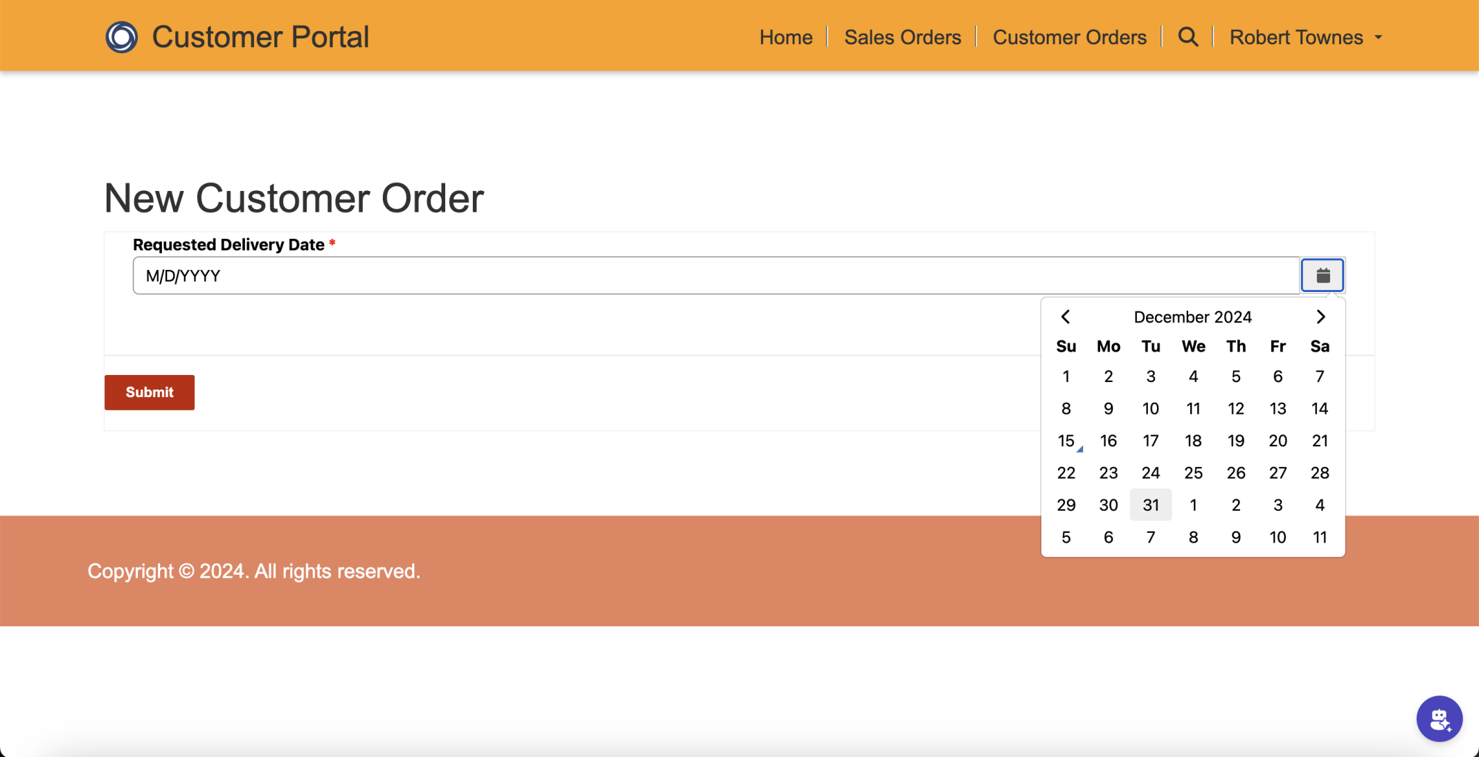 I selected a Requested Delivery Date and clicked the Submit button
