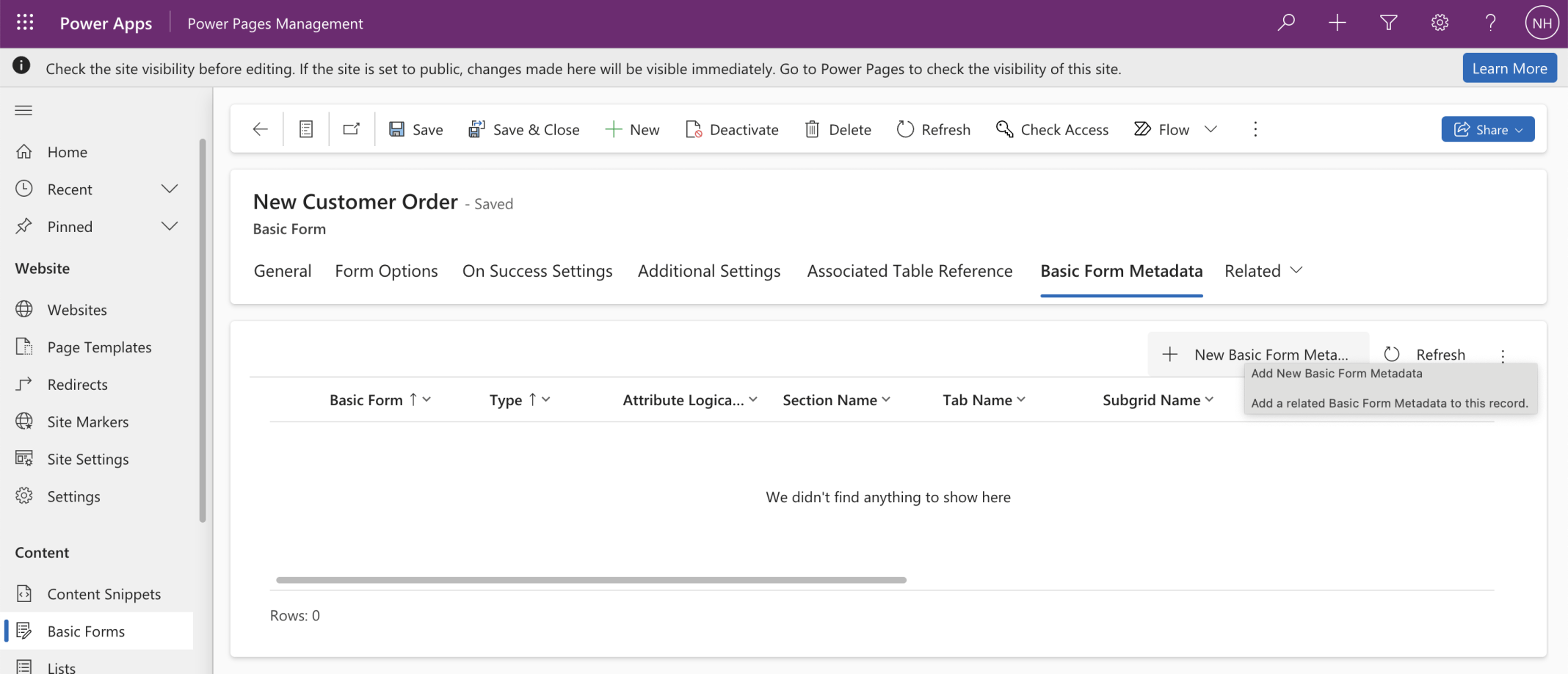 I selected the New Customer Order (Basic) form. I clicked the + New Basic Form Metadata button