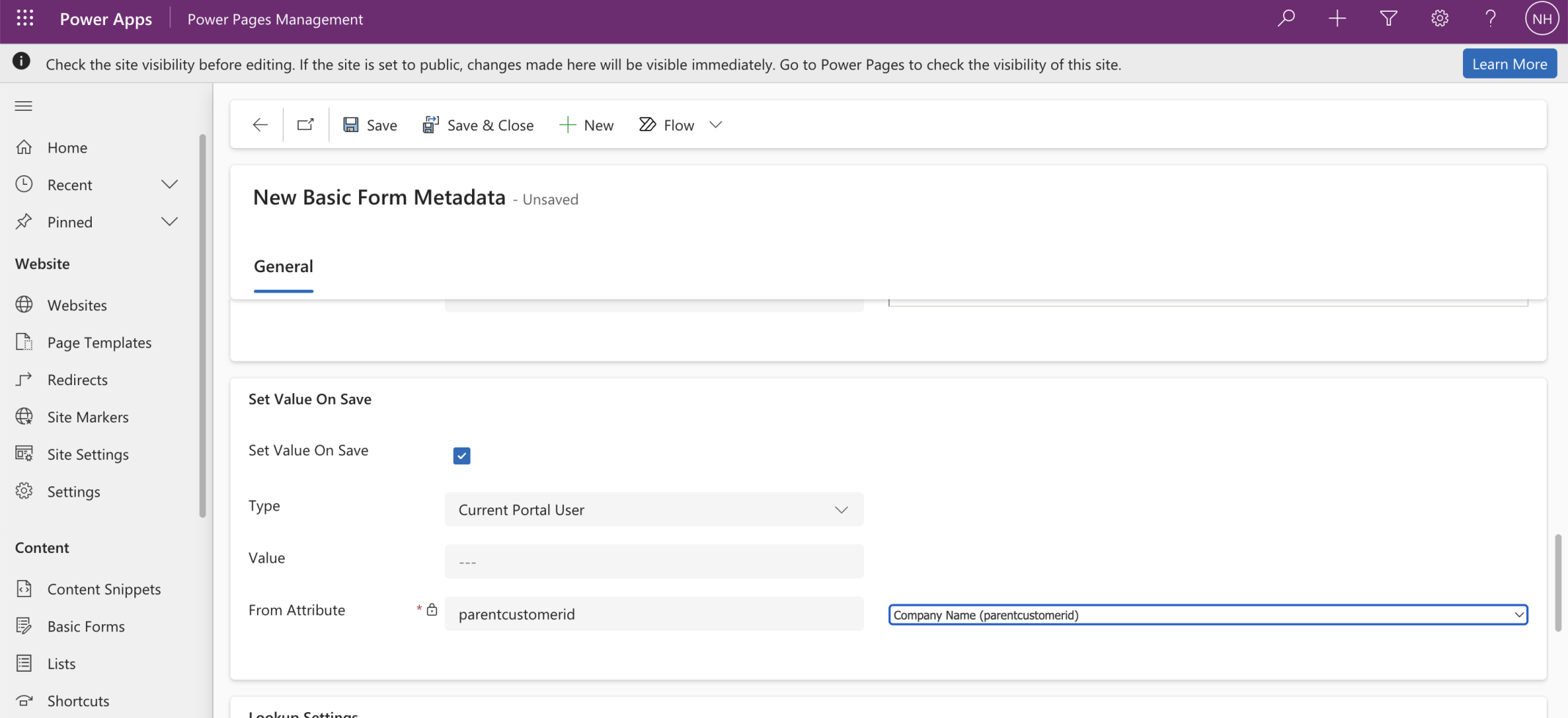 I clicked the Save Value On Save checkbox and selected the Current Portal User | Company Name value