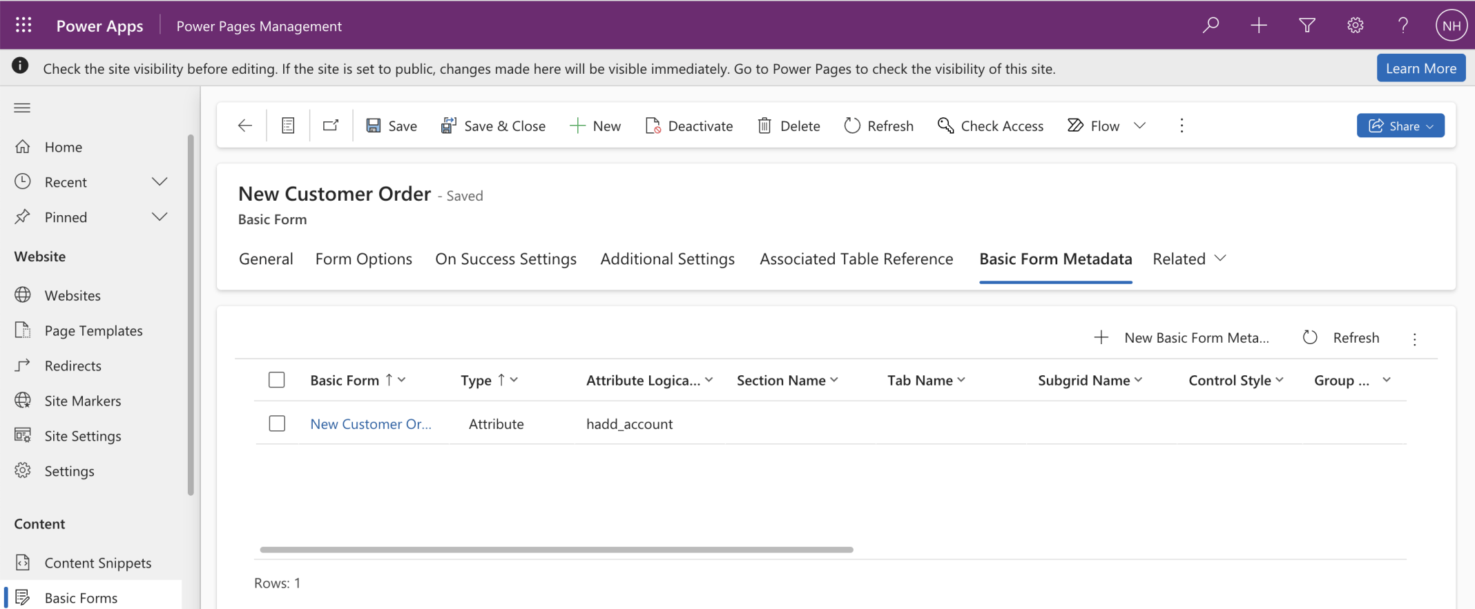 The Basic Form Metadata details are shown in the grid