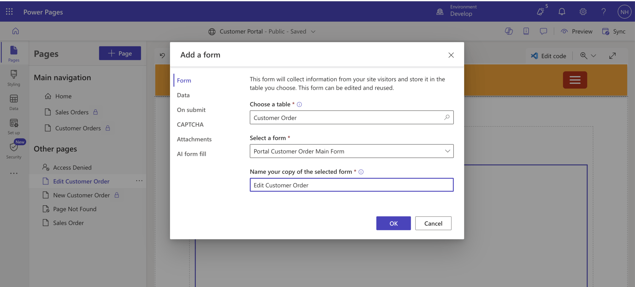I created an Edit Customer Order (Power Pages/Basic) Form