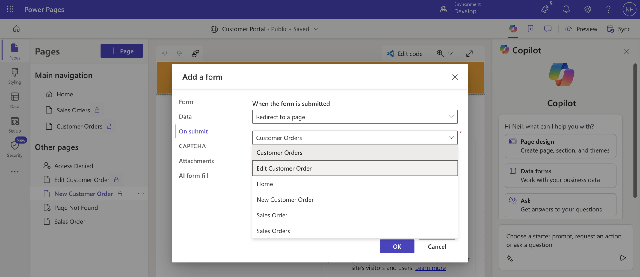 I wanted user to be redirected from the New Customer Order page directly to the Edit Customer Order page. I updated the New Customer Order's On submit value.