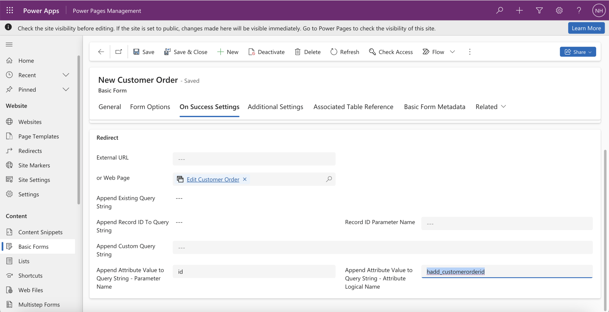 I navigated to the On Success Settings tab. I added ...Parameter Name id and ...Attribute Logical Name hadd_customerorderid