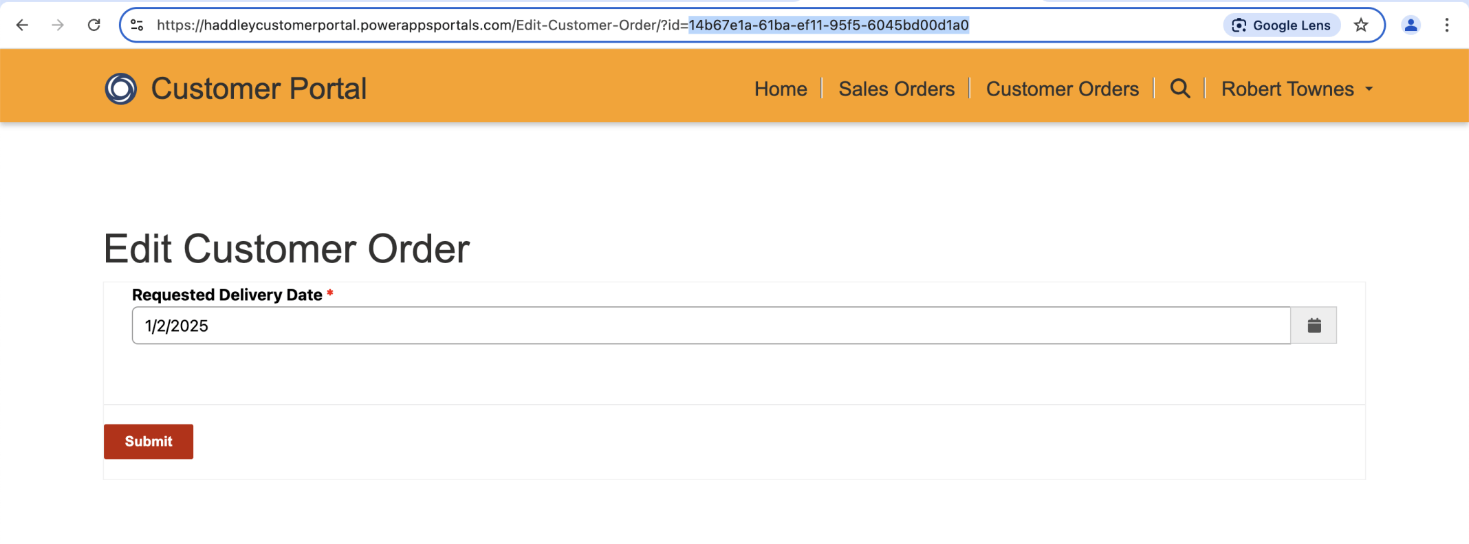 I updated the Requested Delivery Date and clicked the Submit button. Notice that when I clicked the edit button the edit page's url includes the id of the order 14b67e1a... (the value of the hadd_customerorderid field).