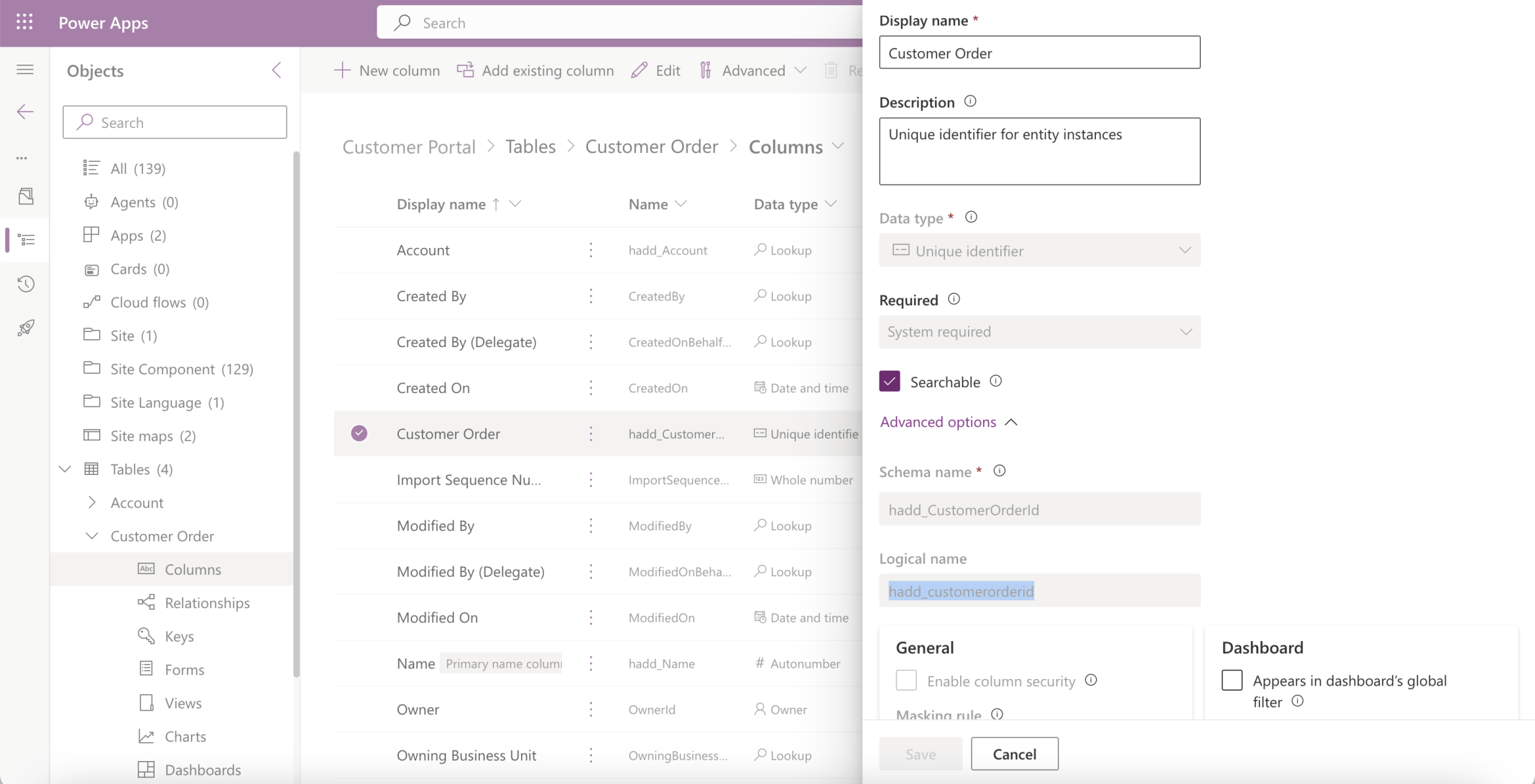 I reviewed the Customer Order (hadd_customerorderId) column