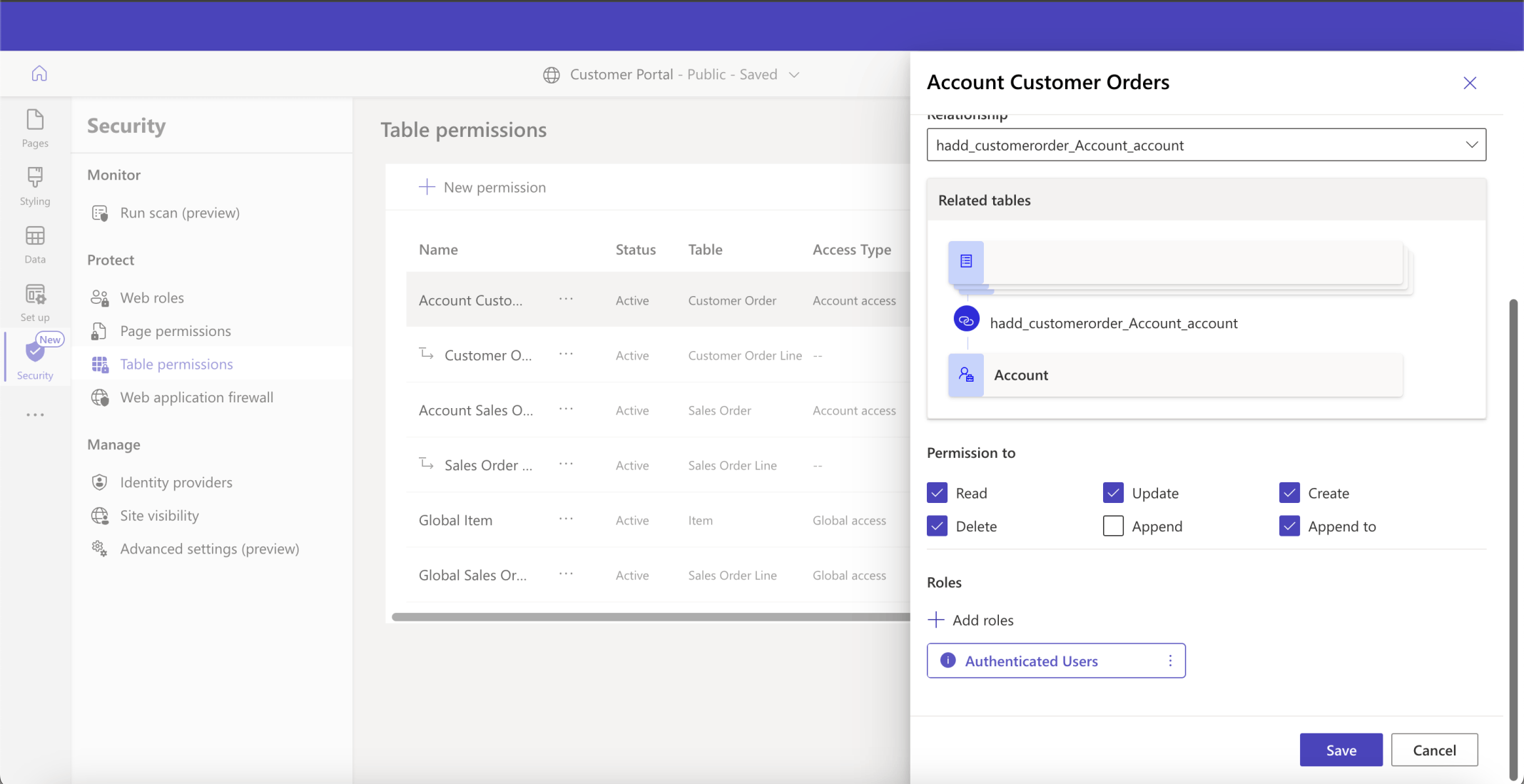 I added Read, Update, Create, Delete and Append to permissions to the Account Customer Orders Table permissions entry.We would like a user to be able to create Customer Order Lines to existing Customer Orders