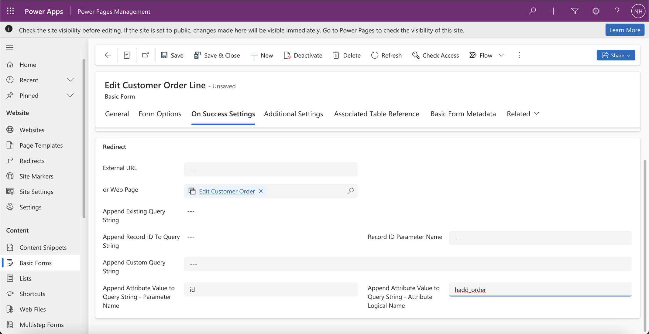 I updated the On Success Setting of the Edit Customer Order Line form