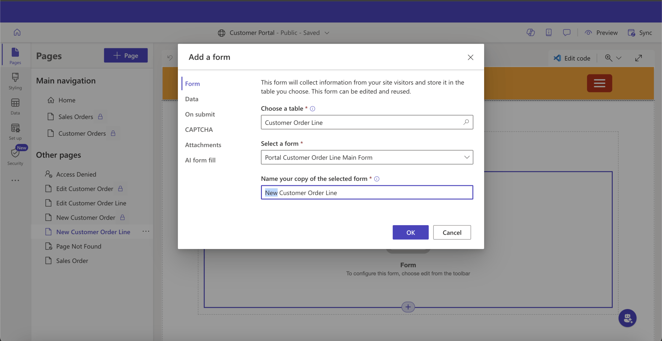 I added a New Customer Order Line Basic form