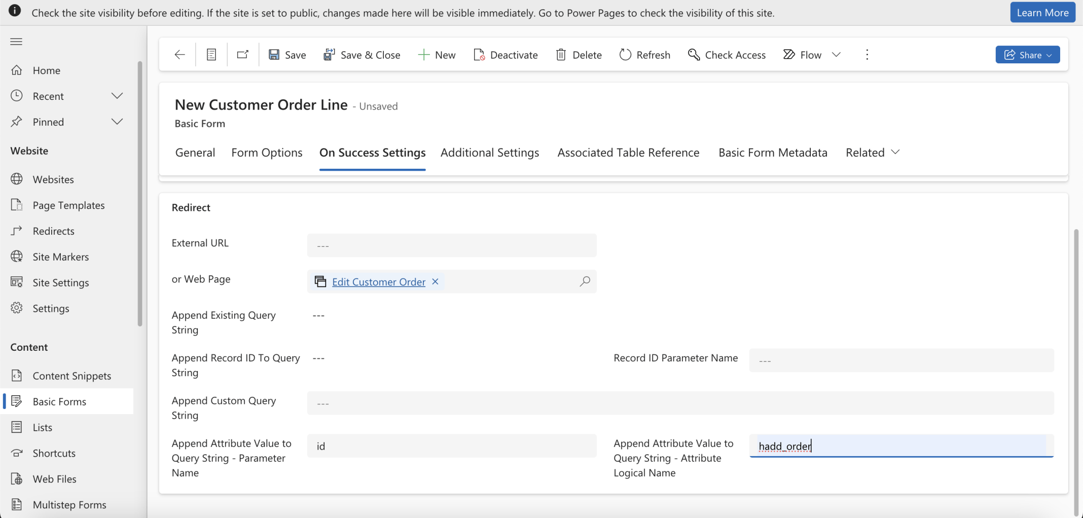 I updated the On Success Settings to ensure that the Customer Order's id would be passed