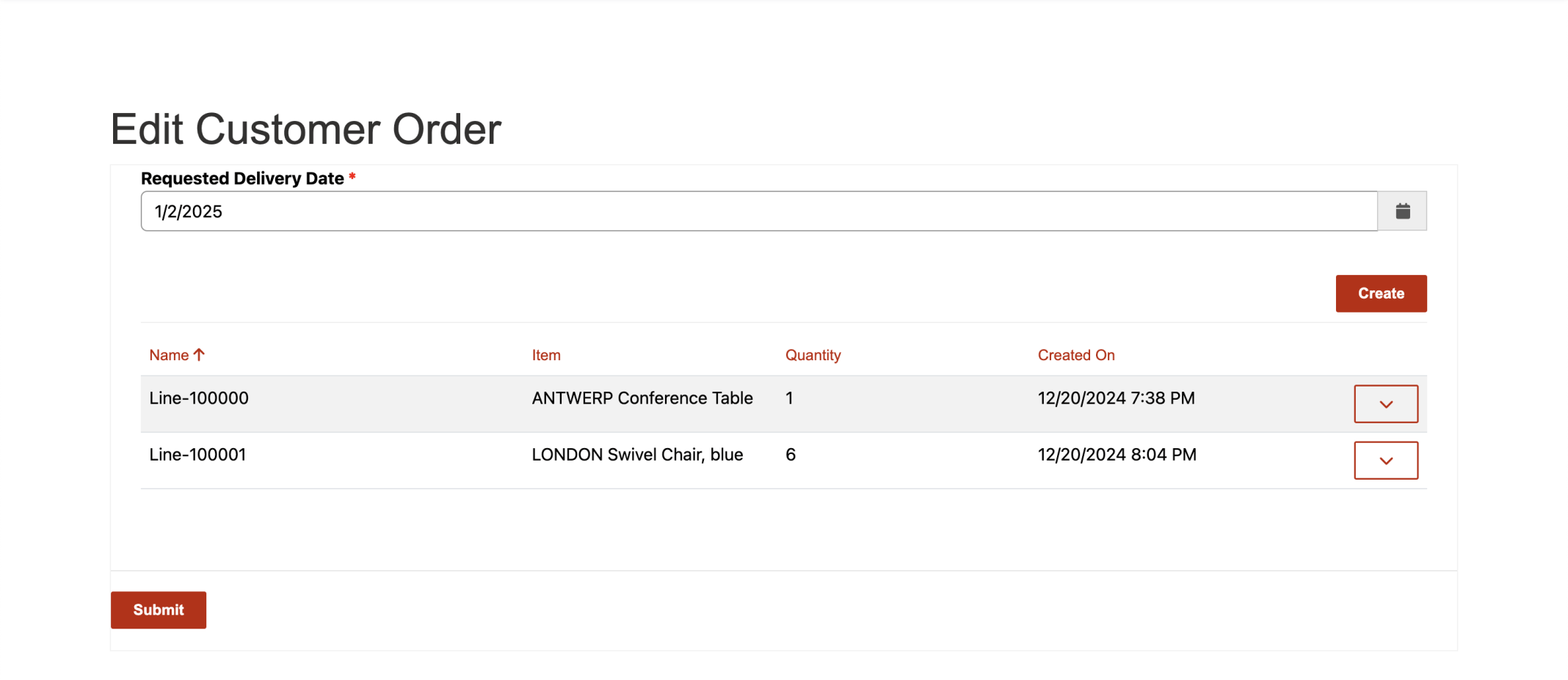 I was redirected to the Customer Order with the updated line displayed