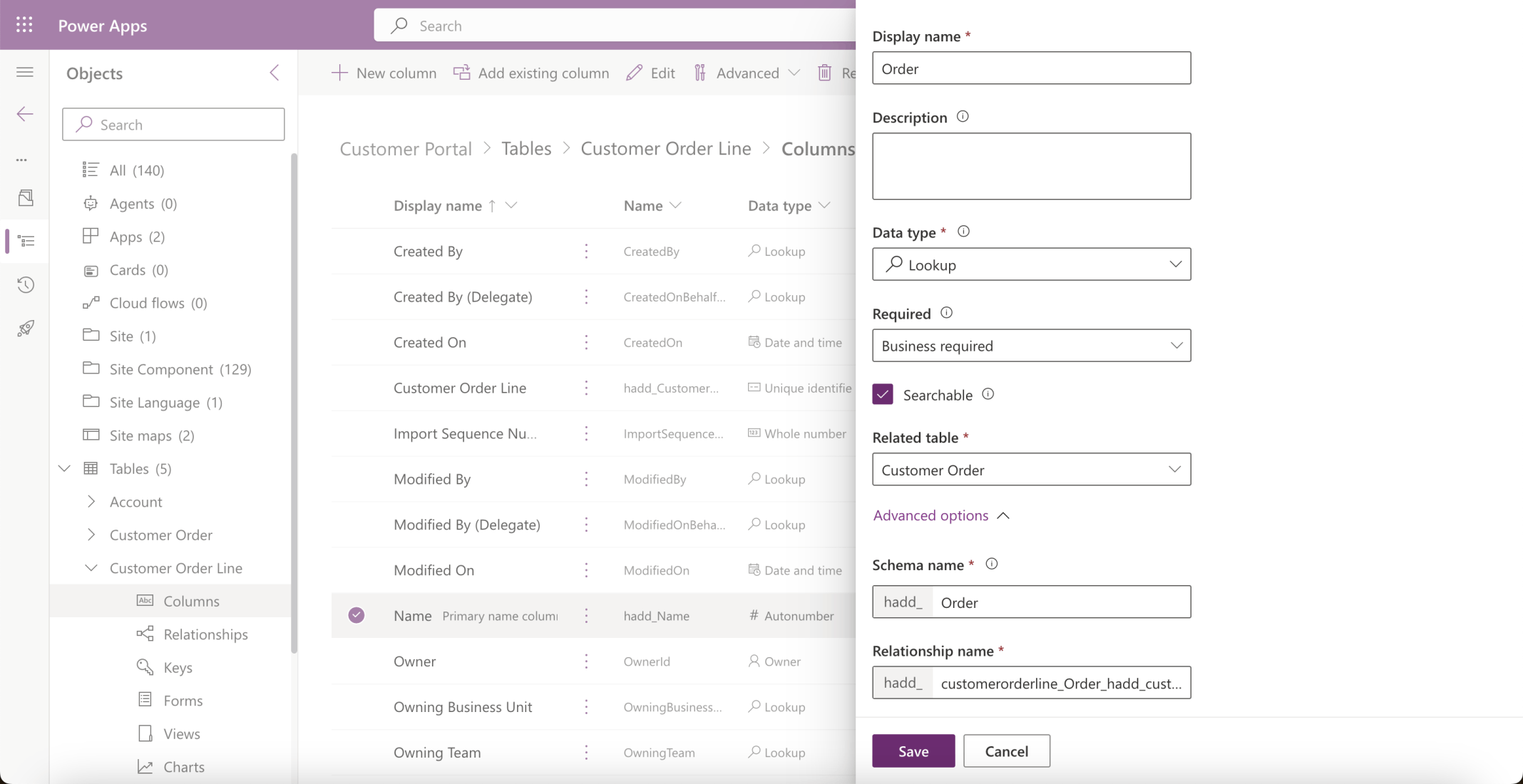 I added an Order Lookup field. The Order Lookup column created a relationship between the Customer Order and the Customer Order Line tables