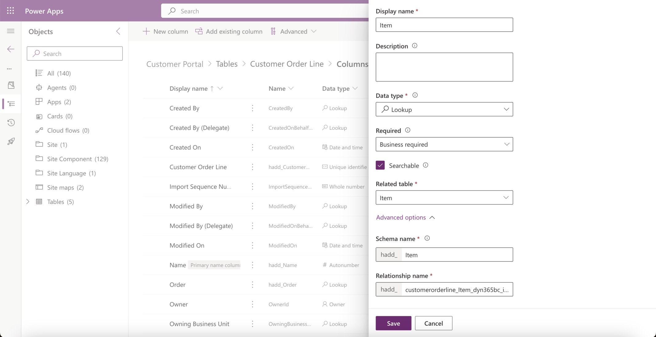 I added an Item lookup column to the Customer Order Lines table