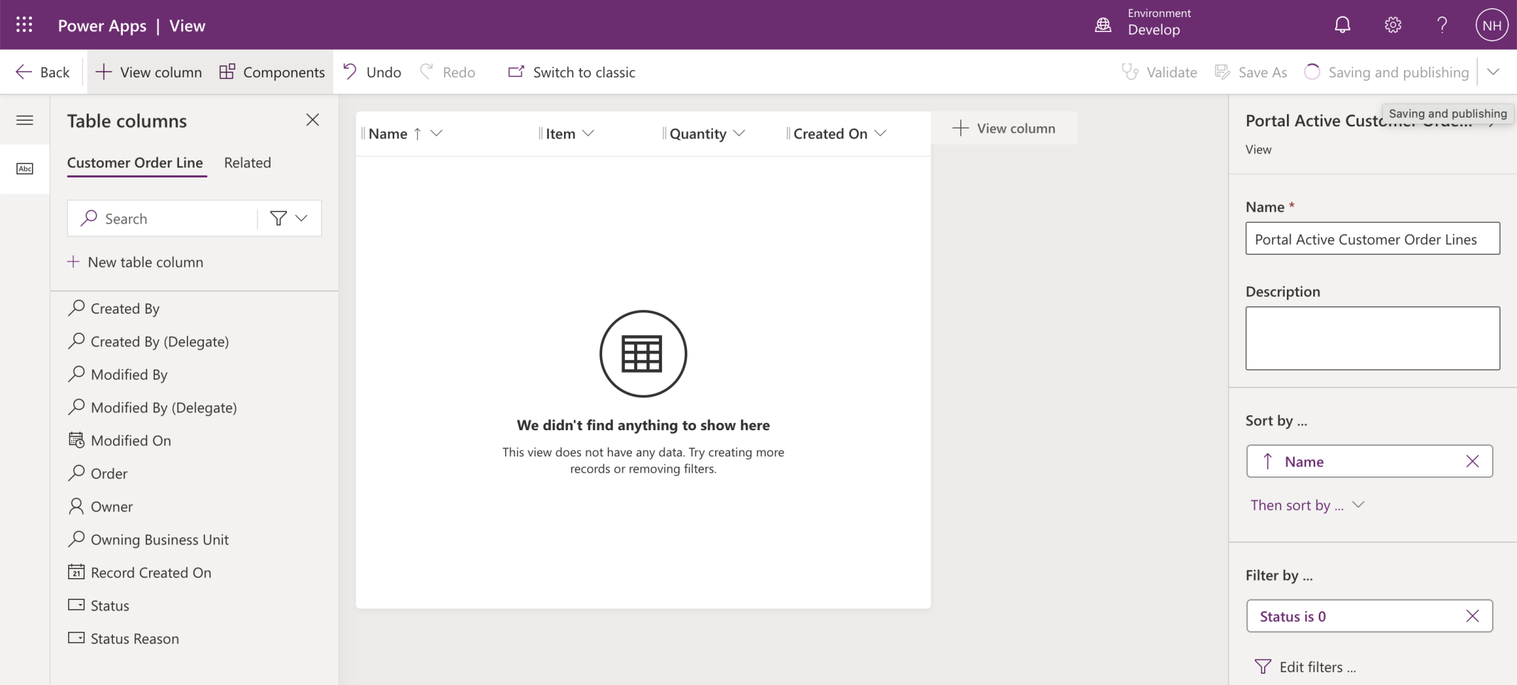 I added the Item and Quantity columns to the Portal view