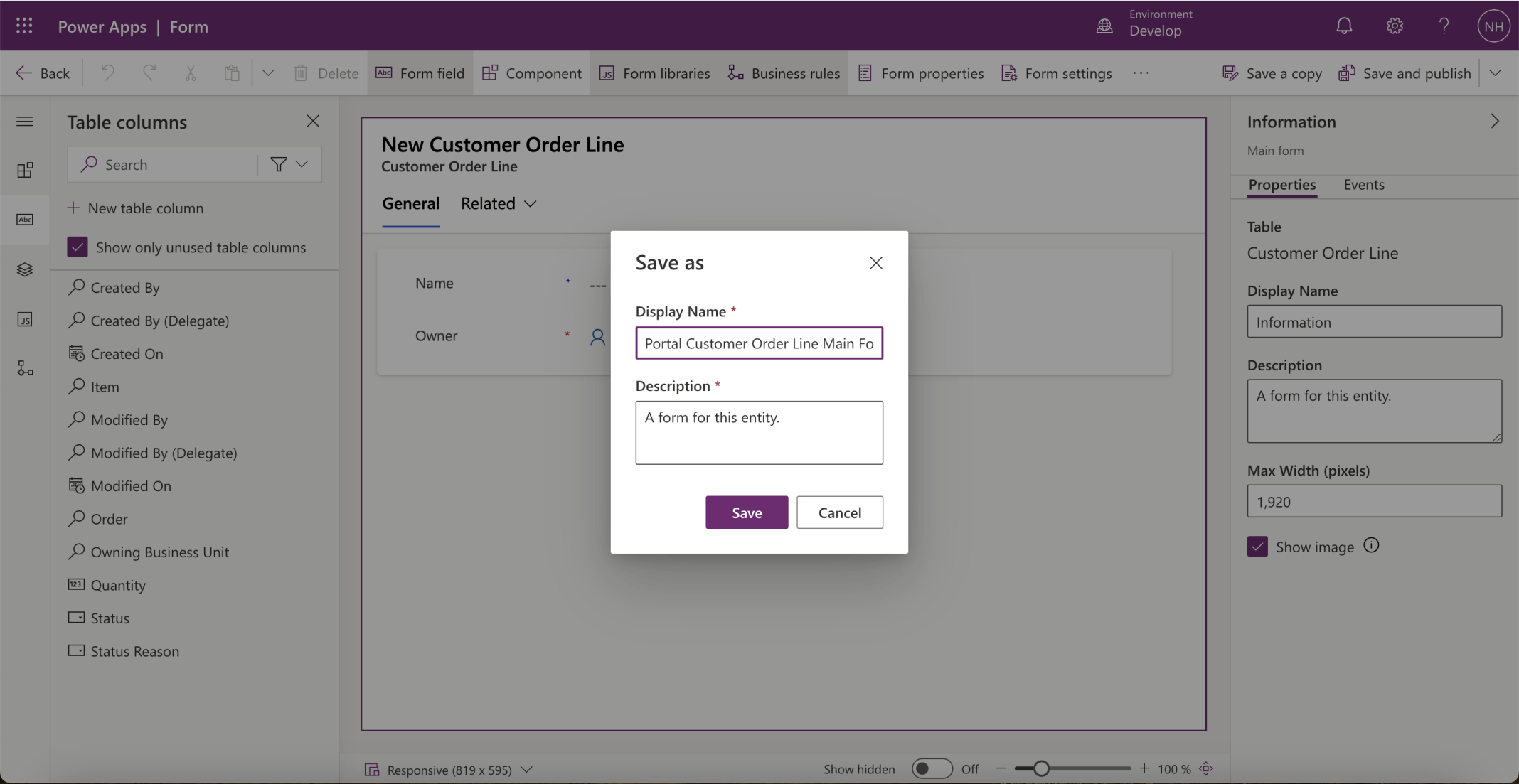 I added a form to the Customer Order Line table