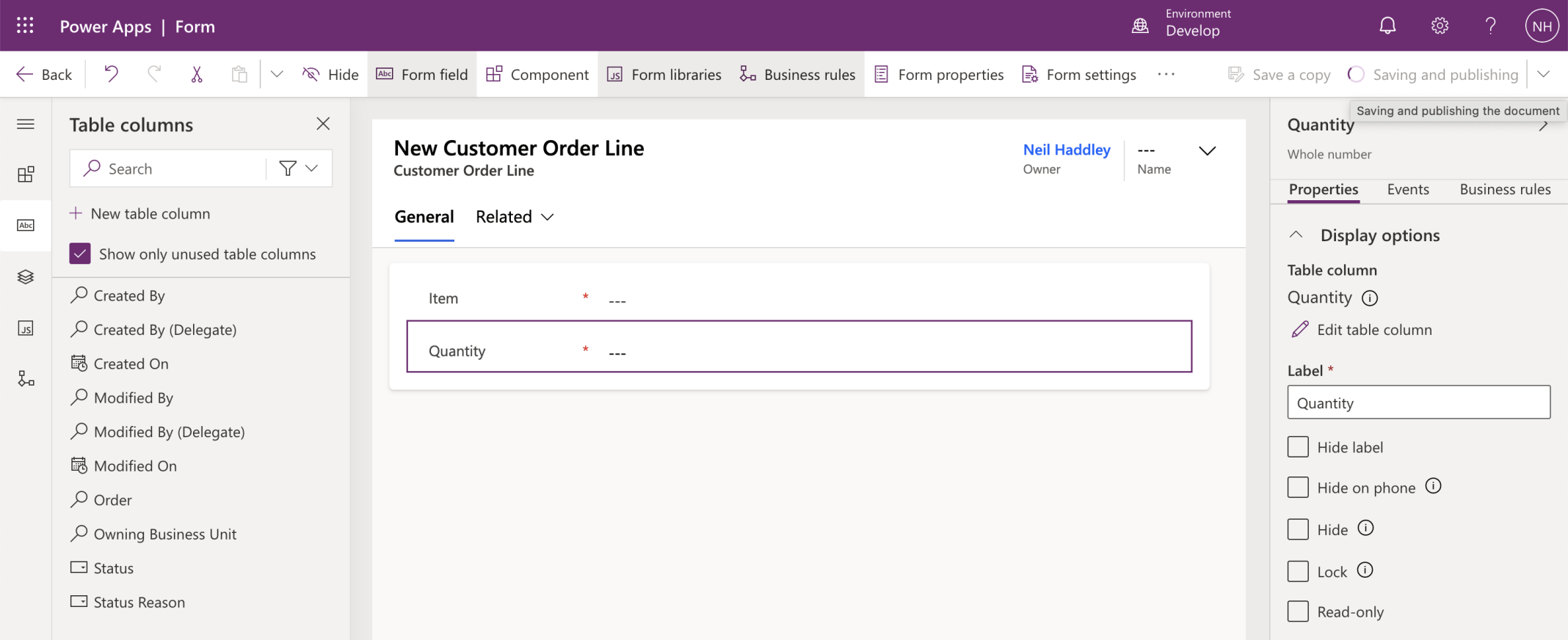 I added the Item and Quantity columns to the form