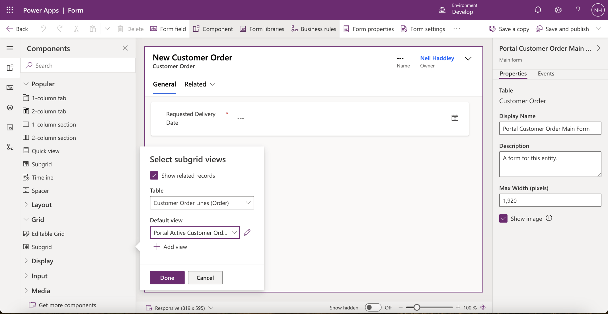 I added a Customer Order Lines Grid to the Customer Order table's Portal form