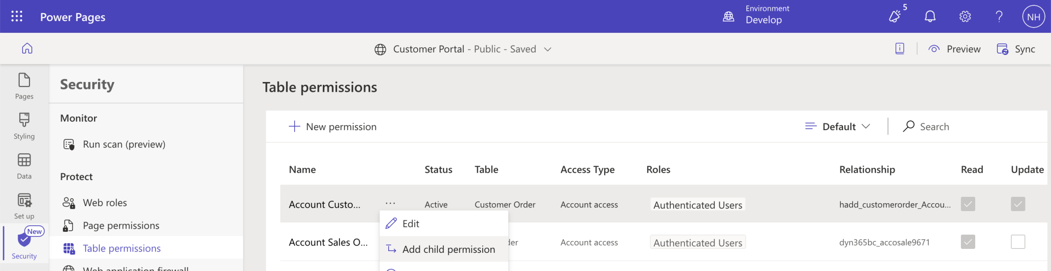 I clicked the Add child permission menu item