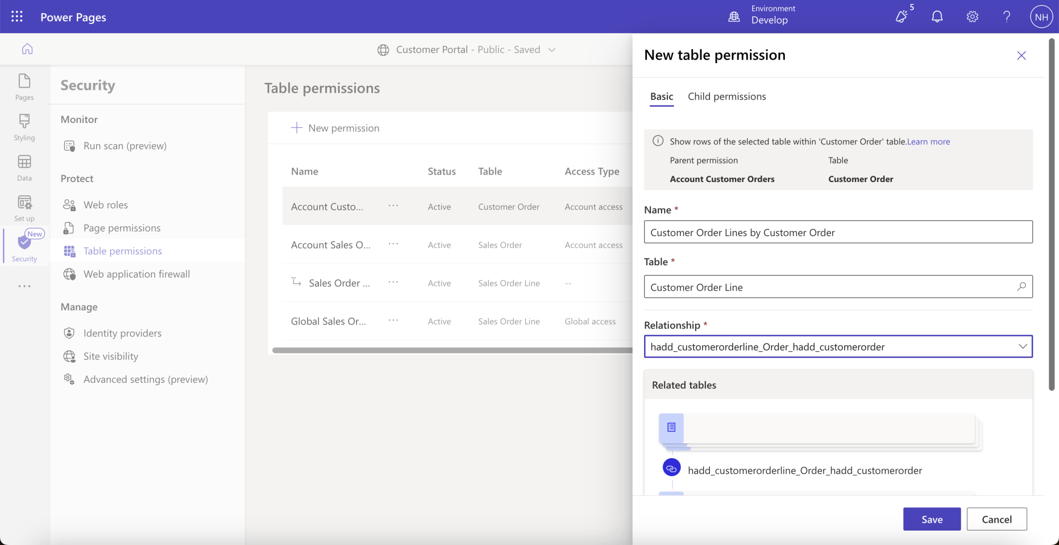 I named the child permissions entry Customer Order Lines by Customer Order. The Customer Order Lines by Customer Order permission entry allows the logged in user to view any Customer Order Line that is related to a Customer Order they have access to. Account Customer Orders permissions provides the given users to only the rows/records that relate to their organization.
