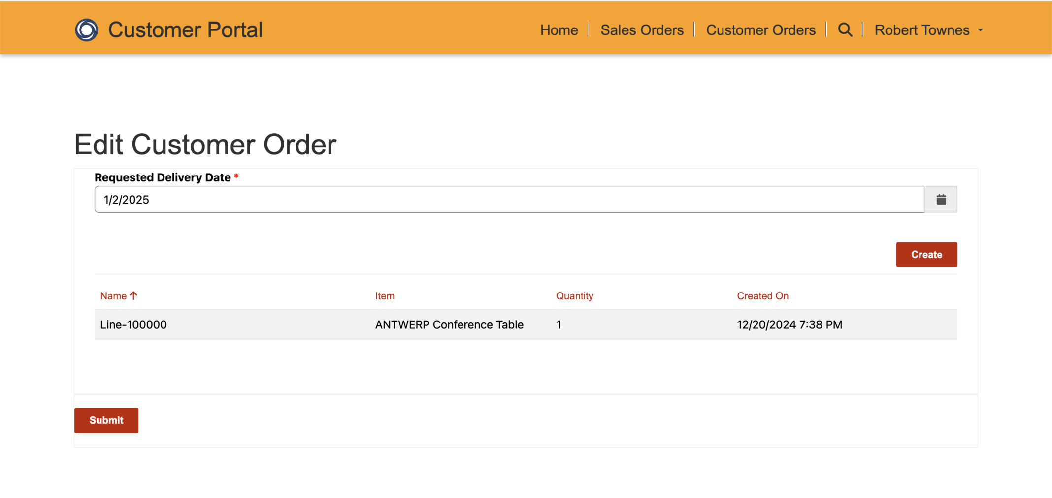 A Create button has been added to the Customer Order form's grid