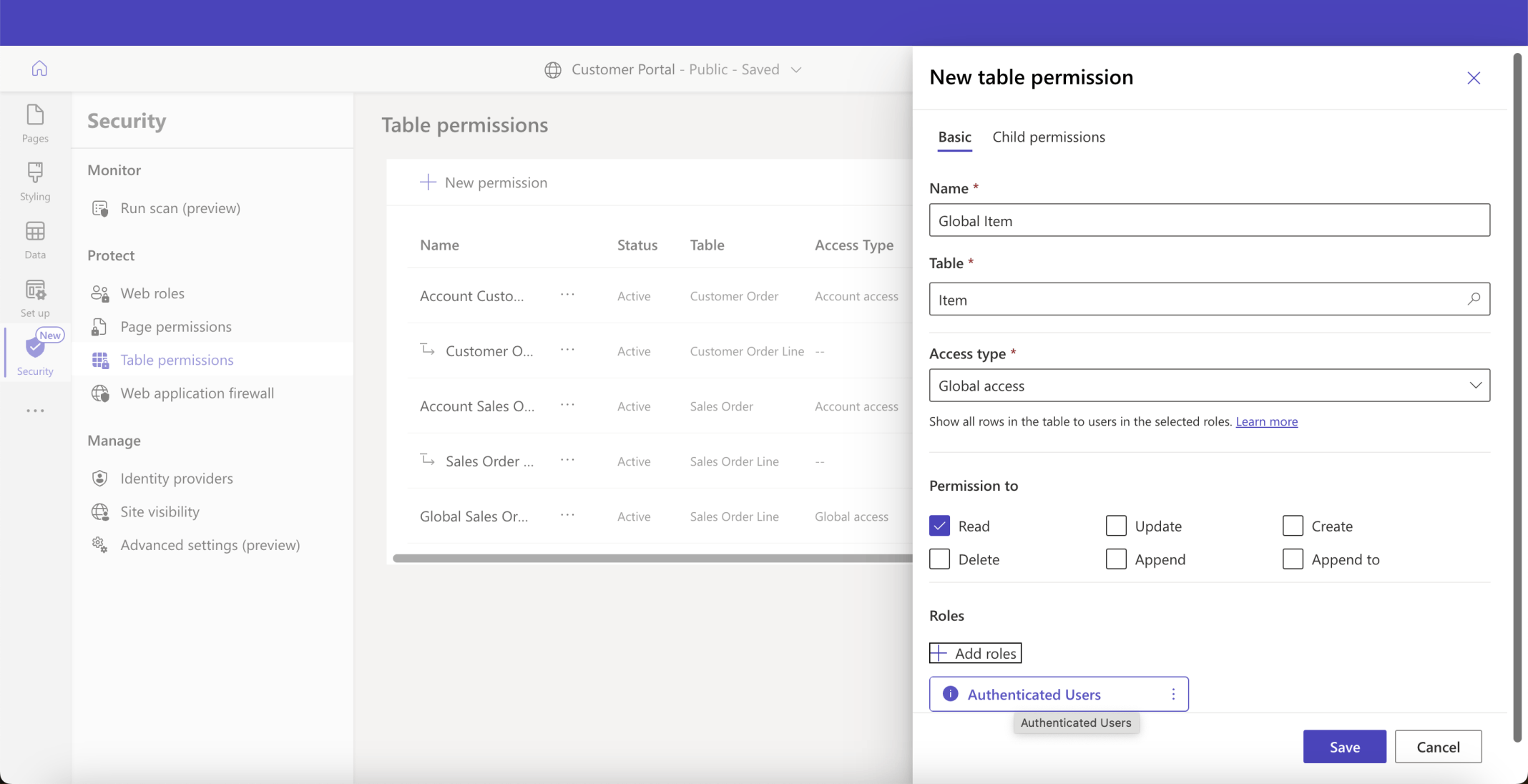 I added a Global table permission. The Global table permission provides access to all rows/records in given table
