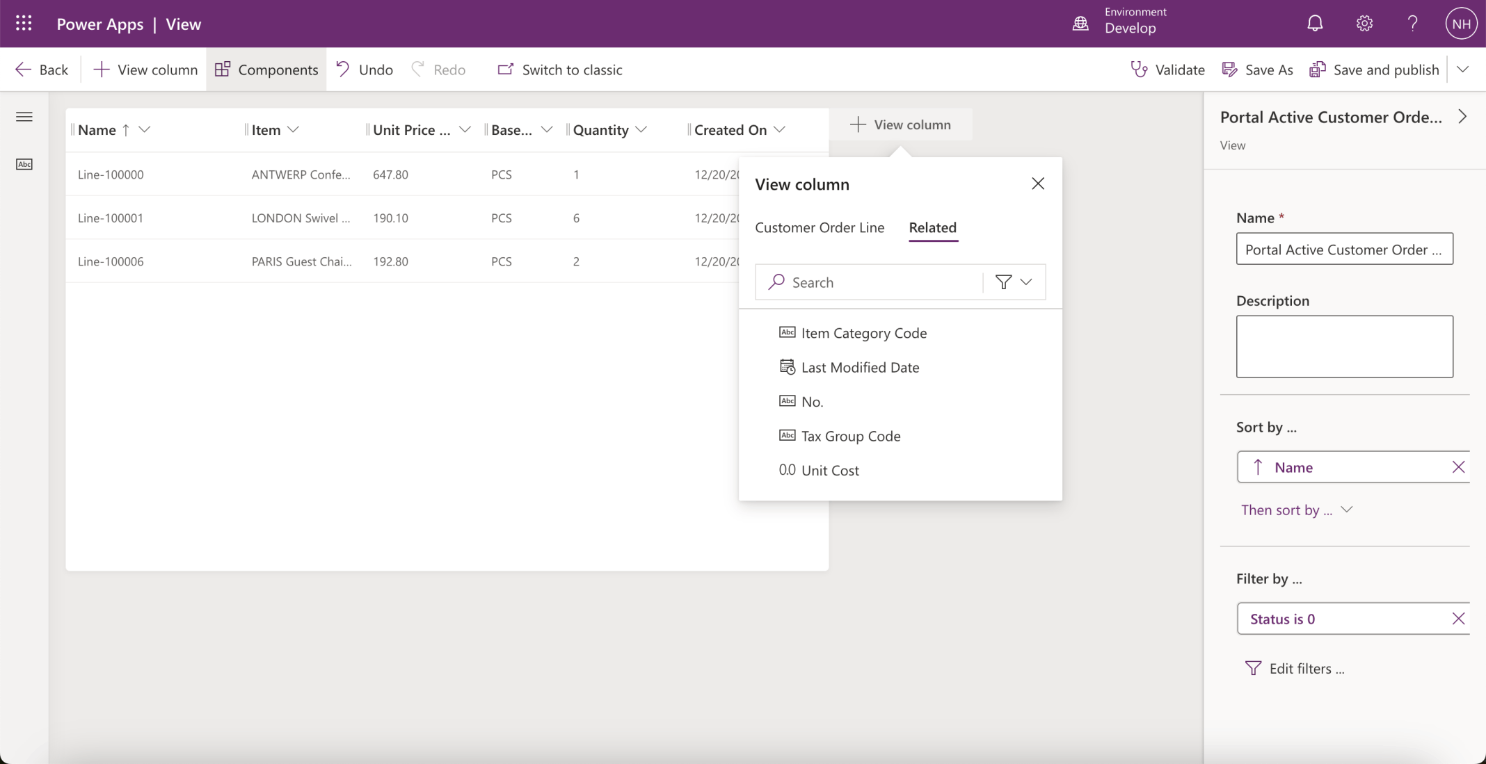 I added the related Item | Unit Price and Item | Based Unit of Measure columns to the Portal Active Customer Order Lines view