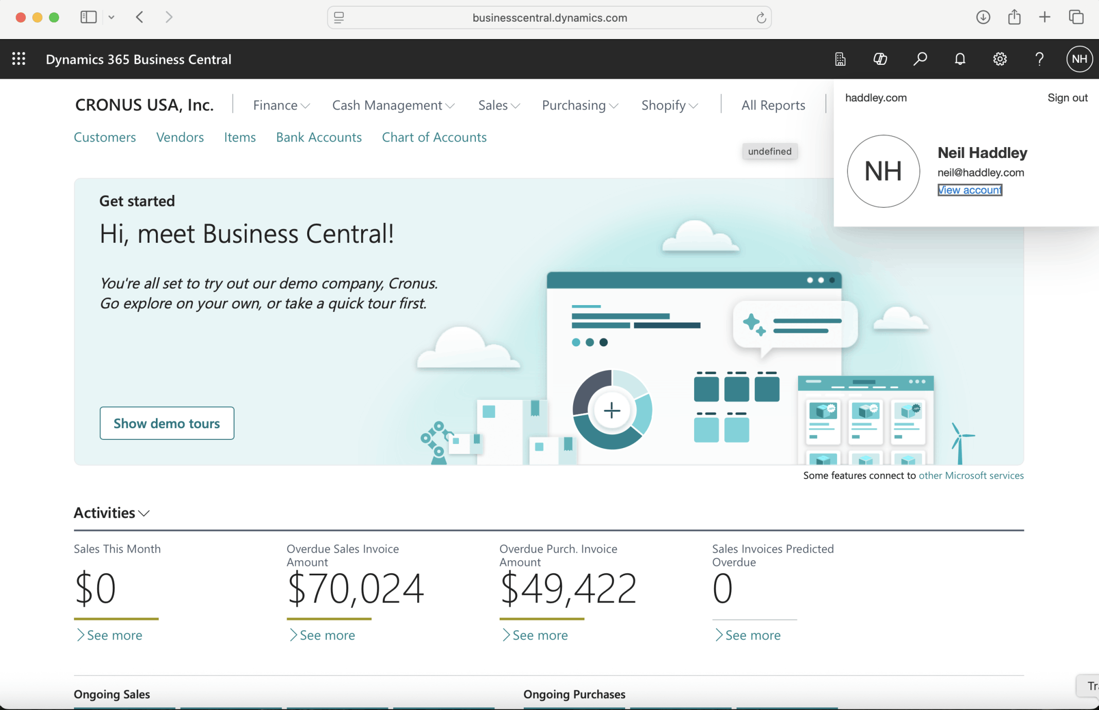 I navigated to Business Central https://businesscentral.dynamics.com