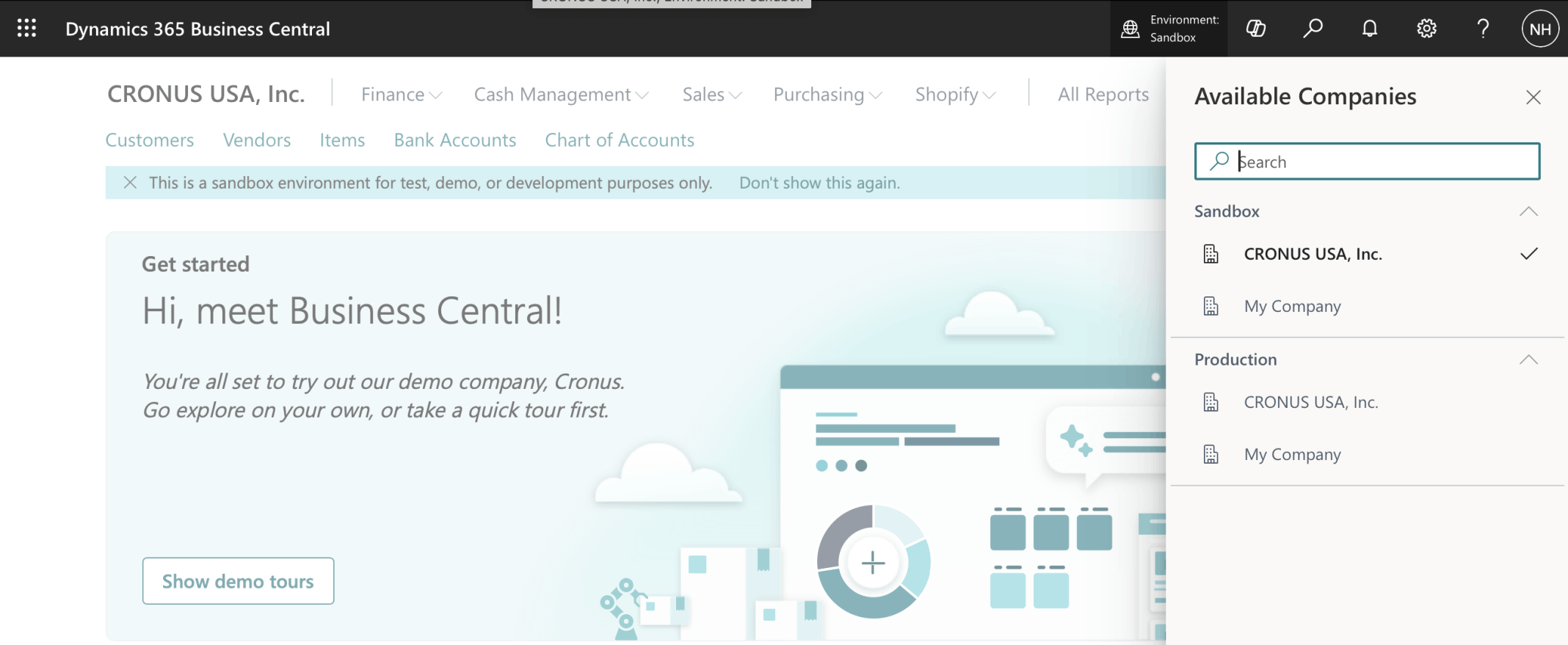 I switched to the CRONUS company in the Sandbox Environment