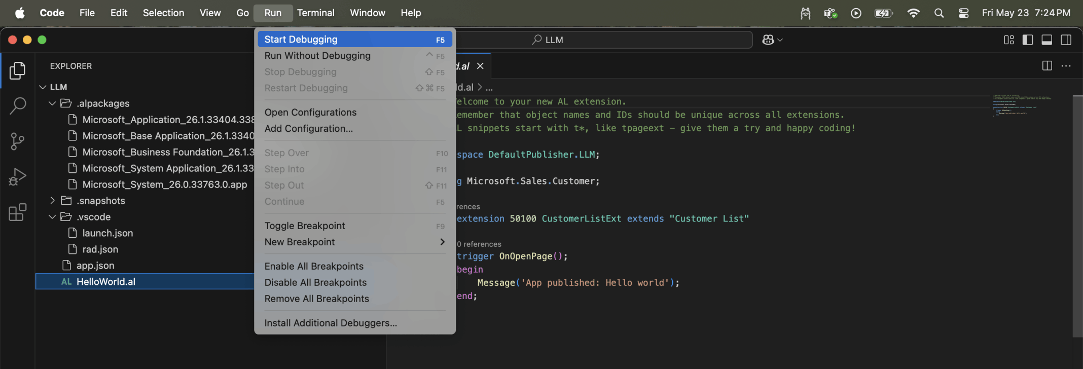 I clicked the Start Debugging menu item