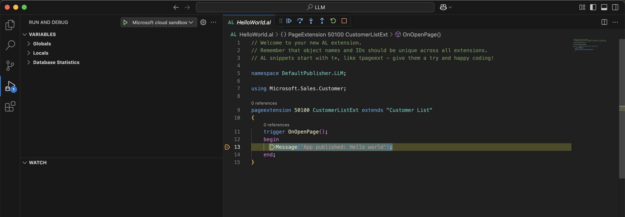The Debugger stopped on the Message statement. I clicked Continue