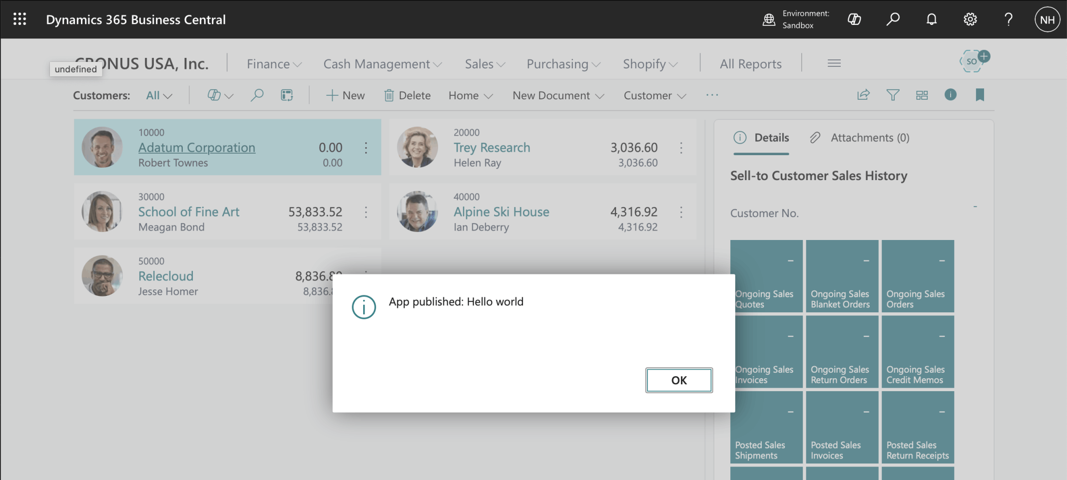 The Message was displayed on the Business Central page