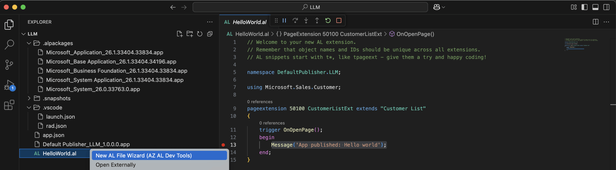 I selected the New AL File Wizard right click menu item