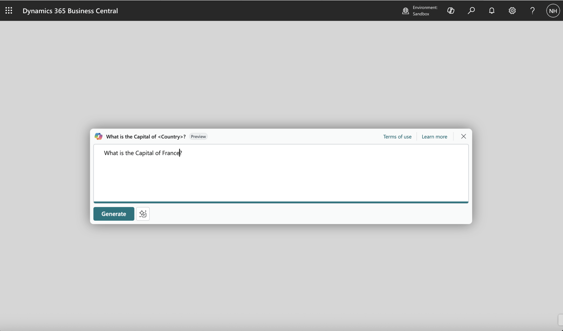 I updated the text to What is the Capital of France? and clicked the Generate button