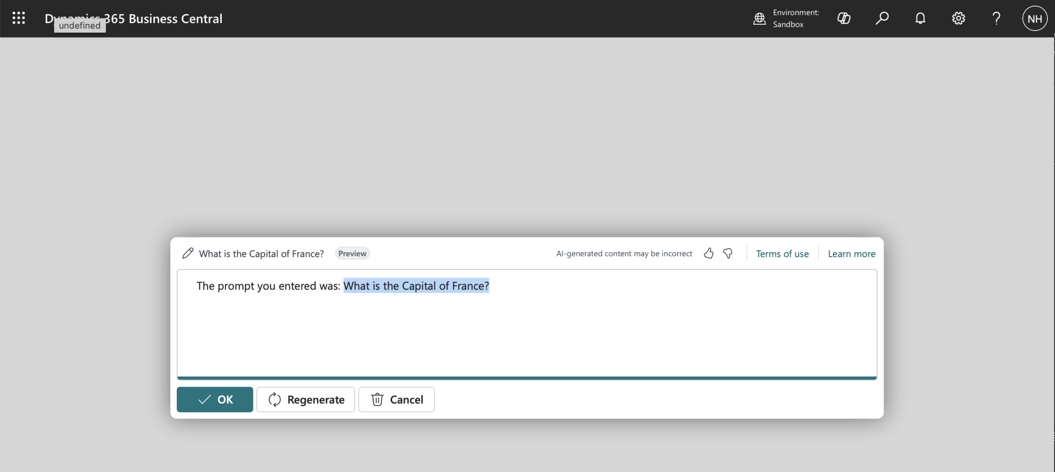 The generated response was displayed