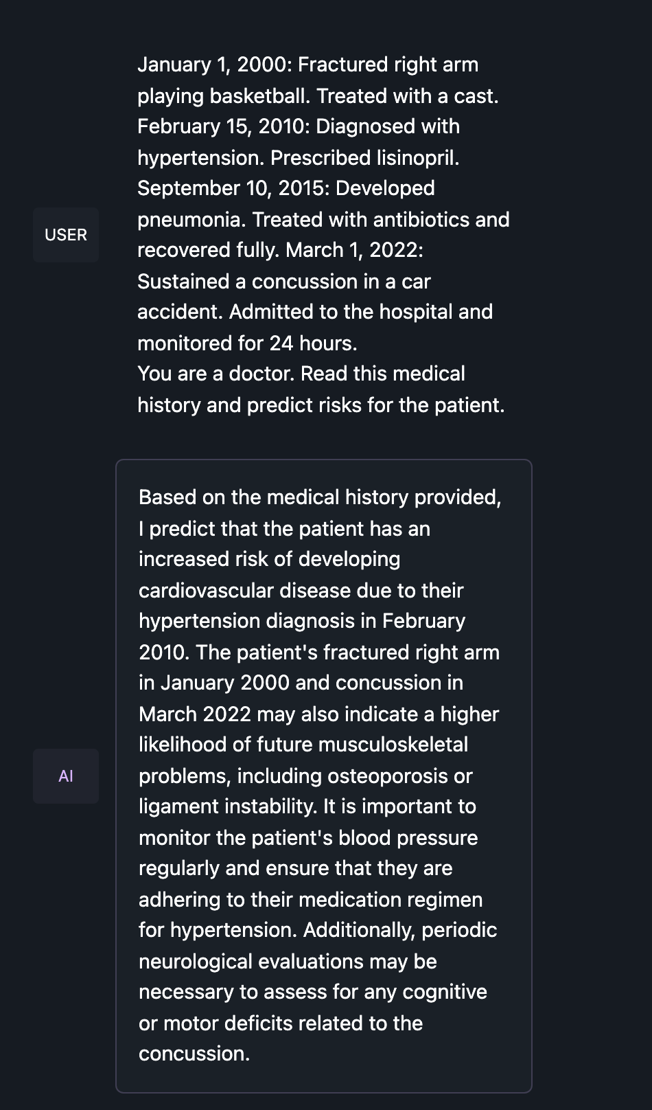 January 1, 2000: Fractured right arm playing basketball. Treated with a cast. February 15, 2010: Diagnosed with hypertension. Prescribed lisinopril. September 10, 2015: Developed pneumonia. Treated with antibiotics and recovered fully. March 1, 2022: Sustained a concussion in a car accident. Admitted to the hospital and monitored for 24 hours.You are a doctor. Read this medical history and predict risks for the patient.
