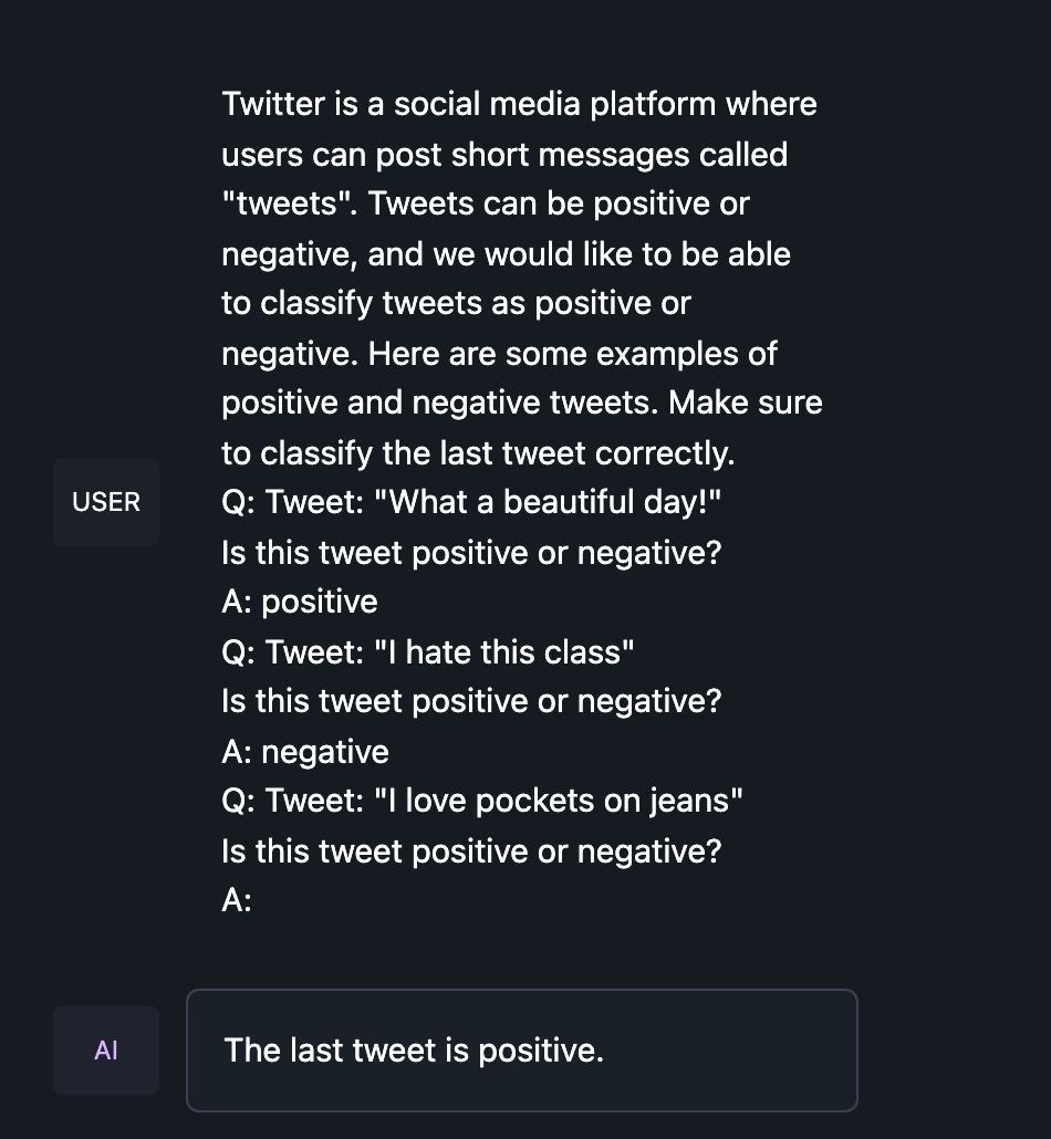 Twitter is a social media platform where users can post short messages called "tweets". Tweets can be positive or negative, and we would like to be able to classify tweets as positive or negative. Here are some examples of positive and negative tweets. Make sure to classify the last tweet correctly.Q: Tweet: "What a beautiful day!"Is this tweet positive or negative?A: positiveQ: Tweet: "I hate this class"Is this tweet positive or negative?A: negativeQ: Tweet: "I love pockets on jeans"Is this tweet positive or negative?A: