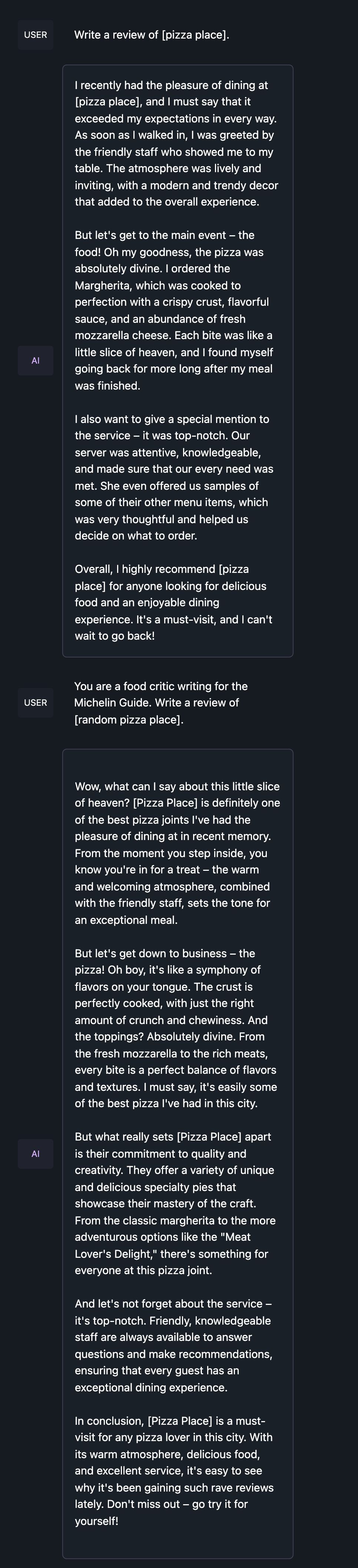 You are a food critic writing for the Michelin Guide. Write a review of [random pizza place].