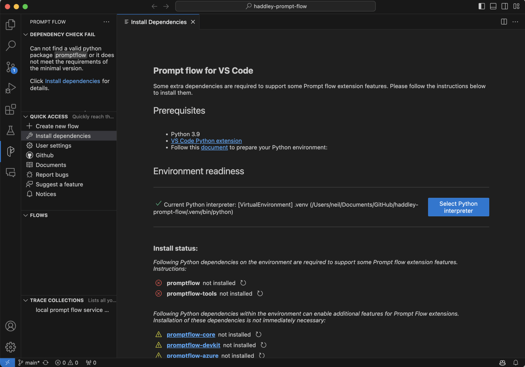 I selected the Prompt flow extension (the "P" logo) and clicked the QUICK ACCESS | Install dependencies menu item