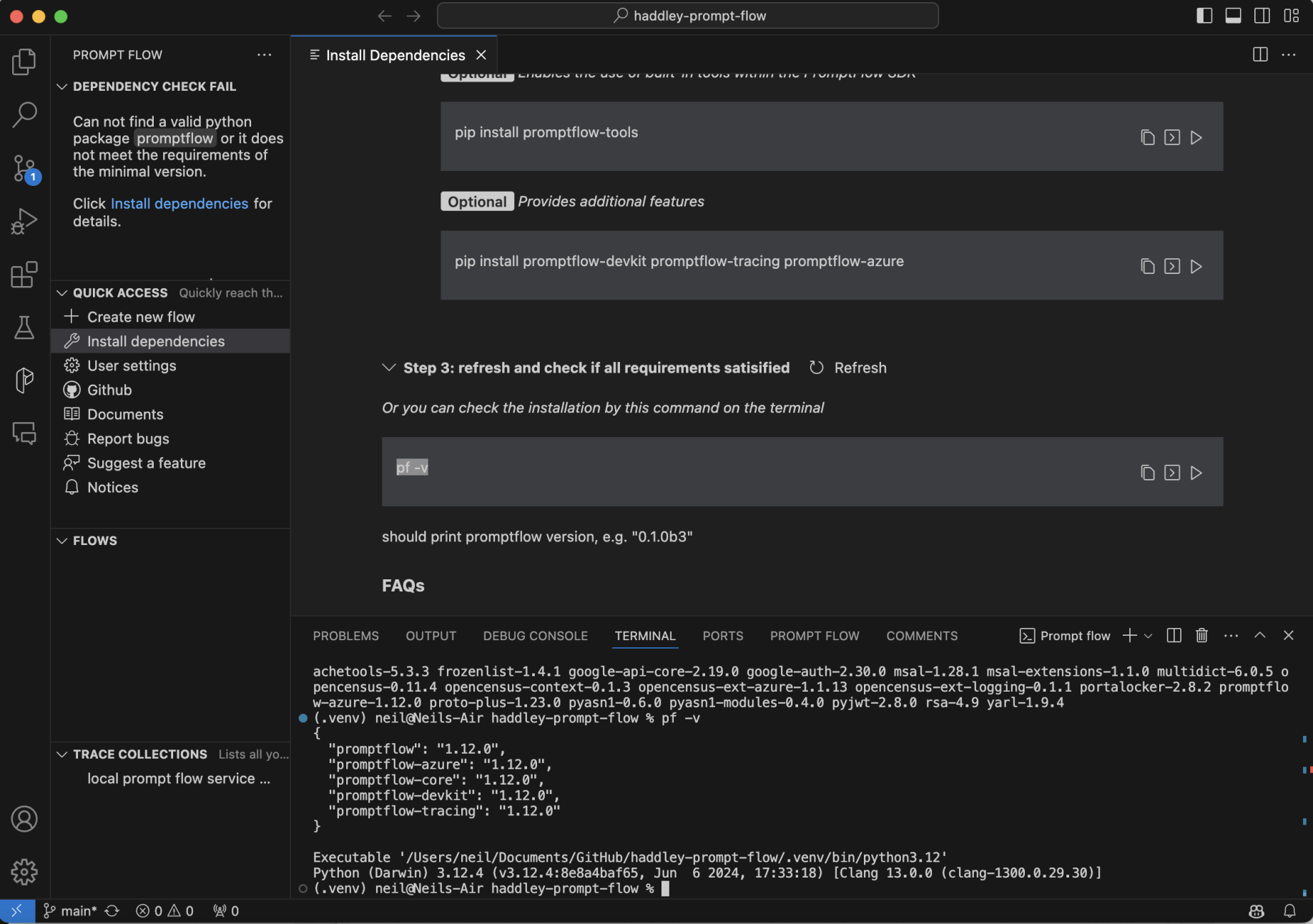 I ran pf -v to see what version of Prompt flow was installed